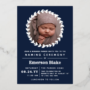 Navy Blue Silver Wreath Baby Photo Naming Ceremony