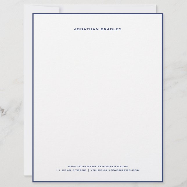 Navy Blue Simple Border All Caps Full Name Letterhead (Front)