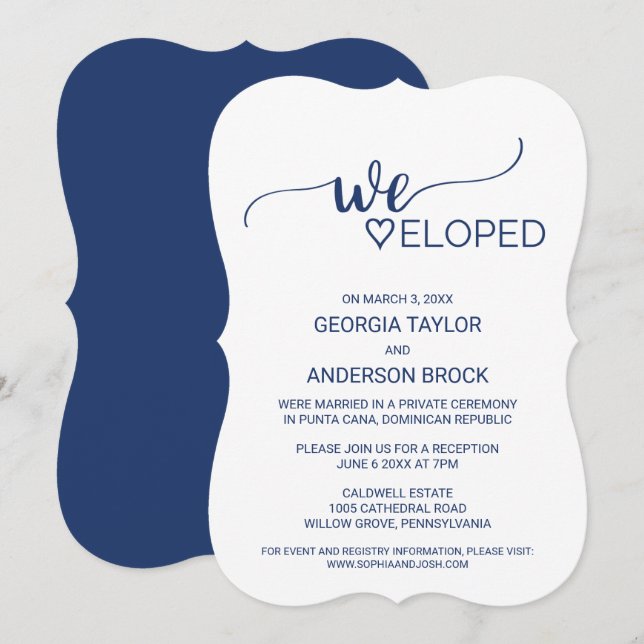 Navy Blue Simple Calligraphy Elopement Reception Invitation (Front/Back)