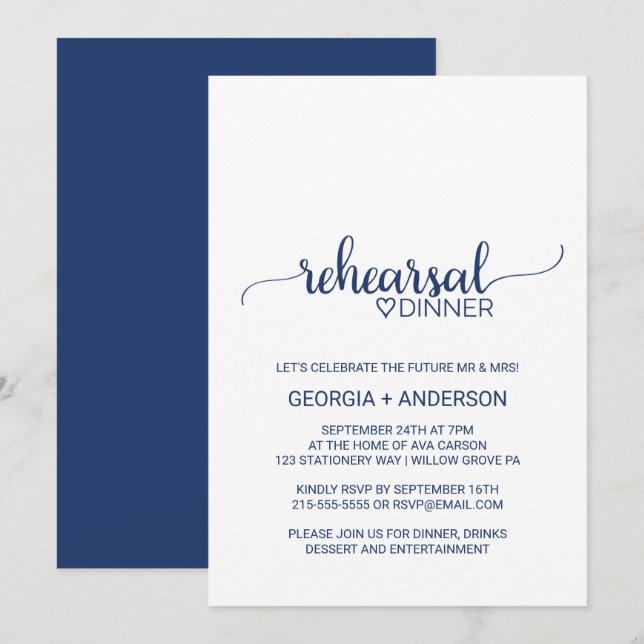 Navy Blue Simple Calligraphy Rehearsal Dinner Invitation (Front/Back)