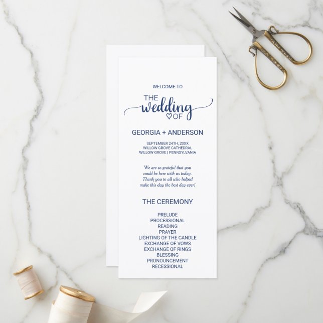 Navy Blue Simple Calligraphy Wedding Program (Front/Back In Situ)