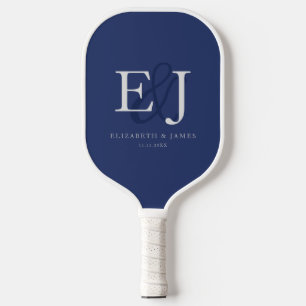 Navy Blue Simple Elegant Couple Monogram Wedding Pickleball Paddle