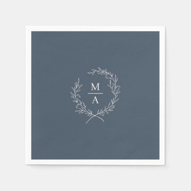 Navy Blue Simple Elegant Laurel Wreath Monogram Napkin (Front)