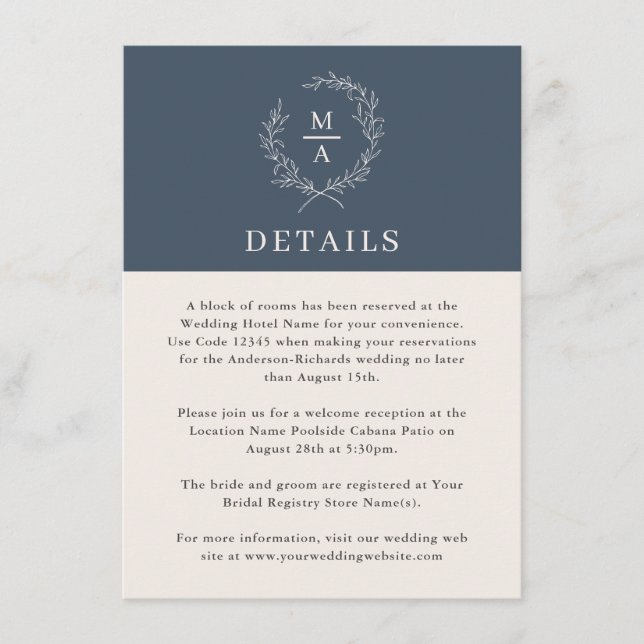 Navy Blue Simple Elegant Monogram Details Enclosure Card (Front)