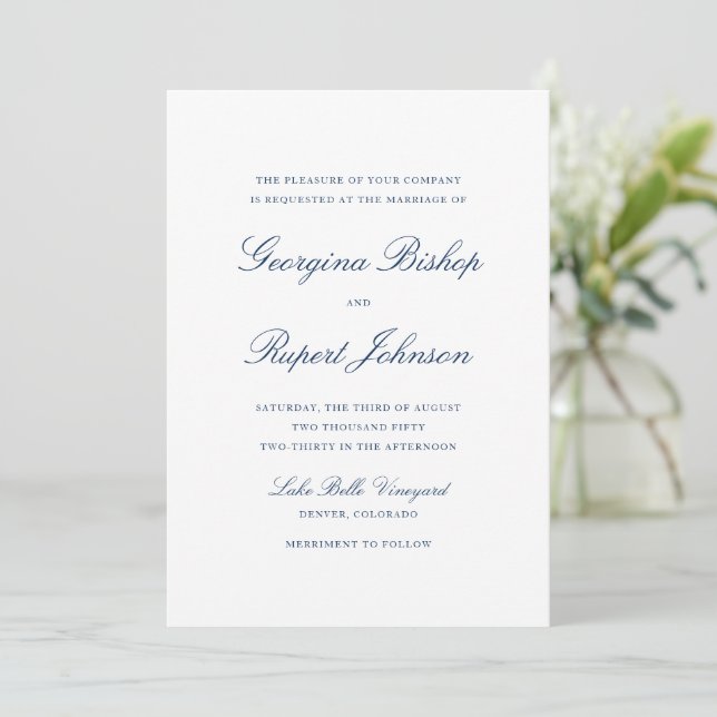 Navy Blue Simple Elegant Script Typography Wedding Invitation (Standing Front)