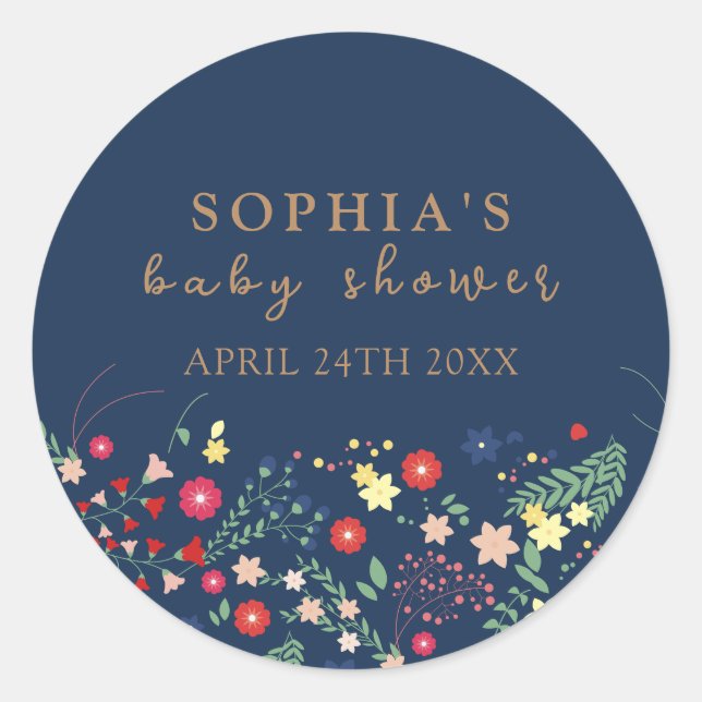 Navy Blue Simple Elegant Wildflower Baby Shower  Classic Round Sticker (Front)