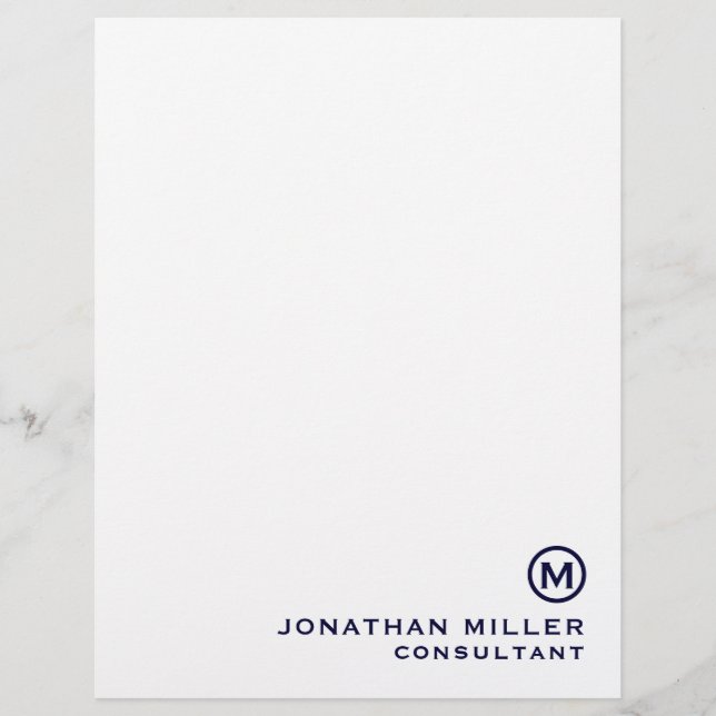 Navy Blue Simple Monogram Typographic Name Title Letterhead (Front)