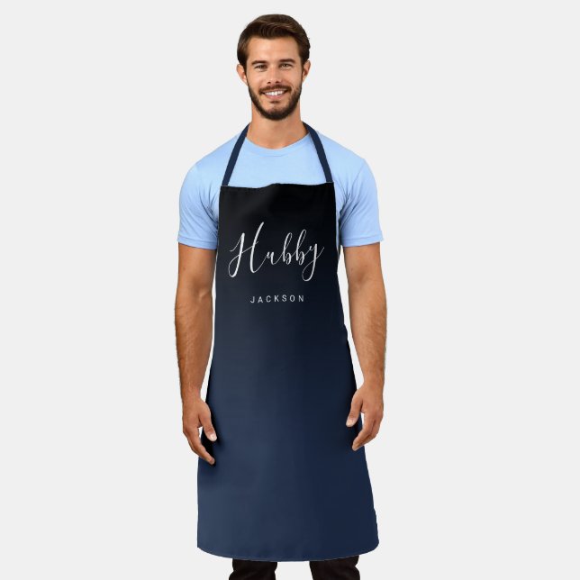 Navy blue simple personalized hubby apron (Worn)