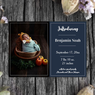 Navy Blue Simple Photo Birth Announcement