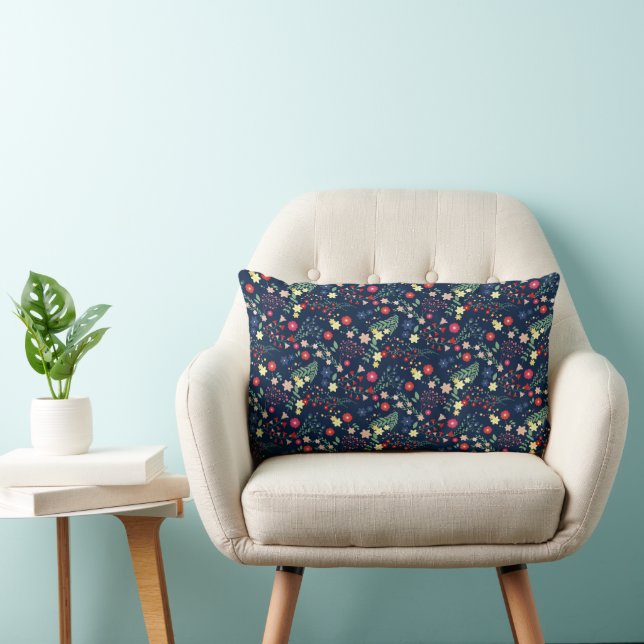 Navy Blue Simple Wildflower  Pattern  Lumbar Pillow (Chair)