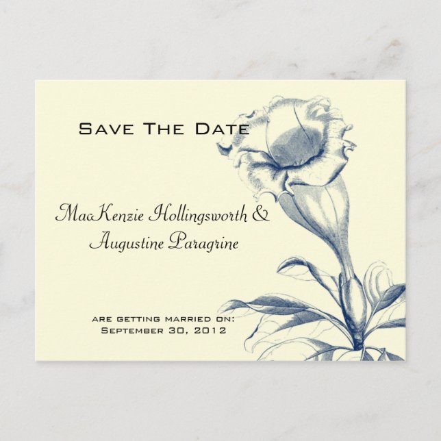 Navy Blue Sketched Flower Save The Date Announcement Postcard (Front)