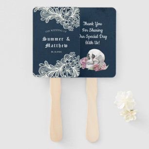 Navy Blue Skull Pink Roses Lace Gothic Wedding Hand Fan