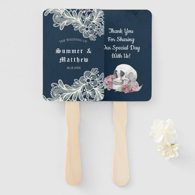 Navy Blue Skull Pink Roses Lace Gothic Wedding Hand Fan (Front and Back)