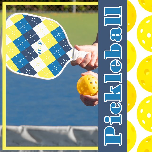 Navy Blue, Sky Blue, Lemon Yellow and White Argyle Pickleball Paddle (Creator Uploaded)