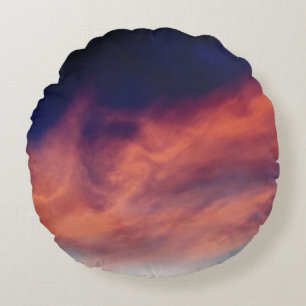 Navy Blue Sky Orange Clouds Round Pillow