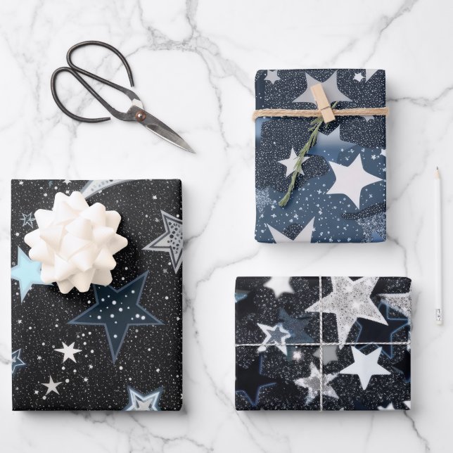 Navy Blue Sky With Silver Moon and Stars Wrapping Paper Sheet (Front)