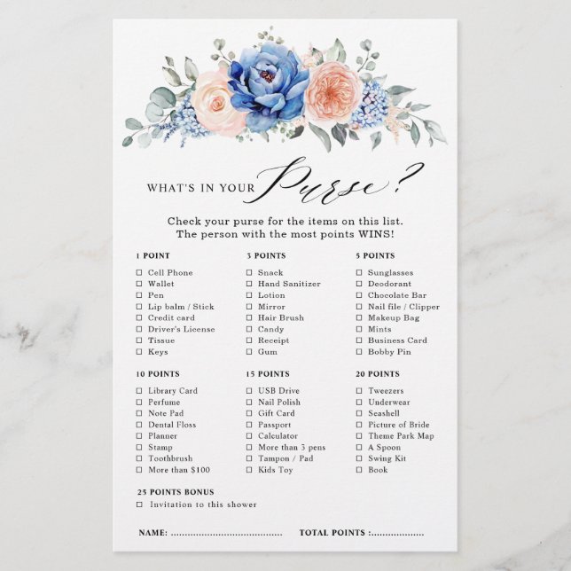 Navy Blue Slate Dusty Blush Bridal Shower Game (Front)