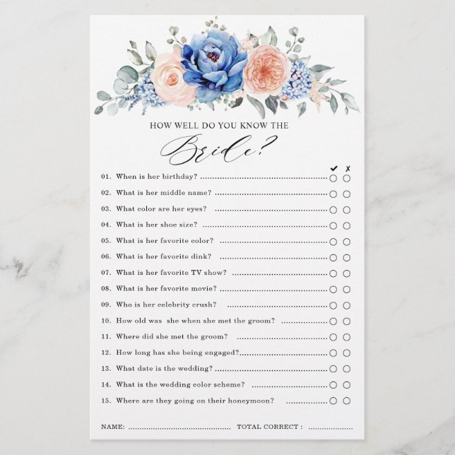 Navy Blue Slate Dusty Blush Bridal Shower Game (Front)