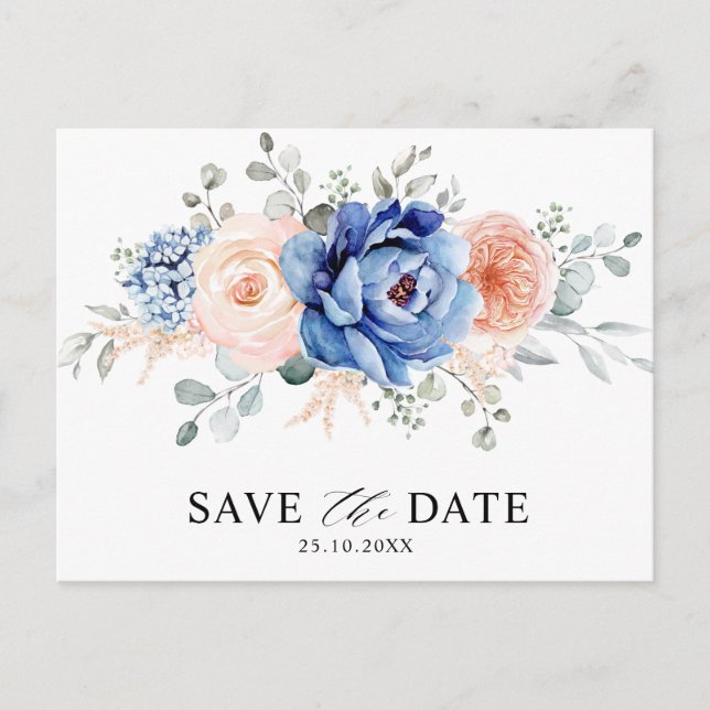 Navy Blue Slate Dusty Blush Floral Save the date Postcard (Front)