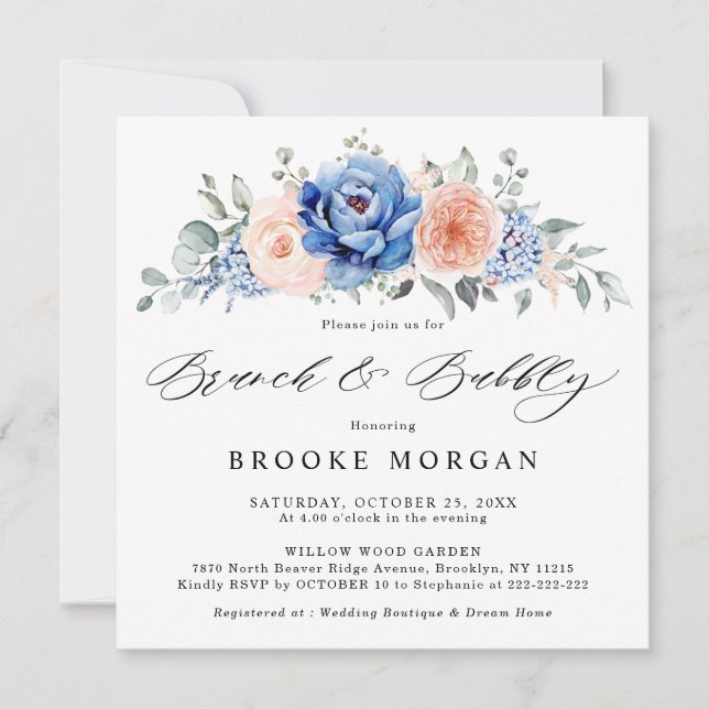 Navy Blue Slate Dusty Blush Pink Brunch & Bubbly Invitation (Front)