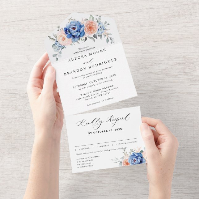 Navy Blue Slate Dusty Blush Pink Floral Wedding  All In One Invitation (Tearaway)
