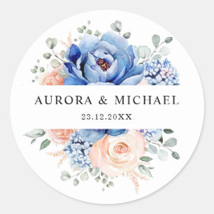 Navy Blue Slate Dusty Blush Pink Floral Wedding  Classic Round Sticker