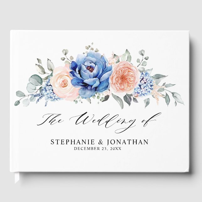 Navy Blue Slate Dusty Blush Pink Floral Wedding  Guest Book (Front)