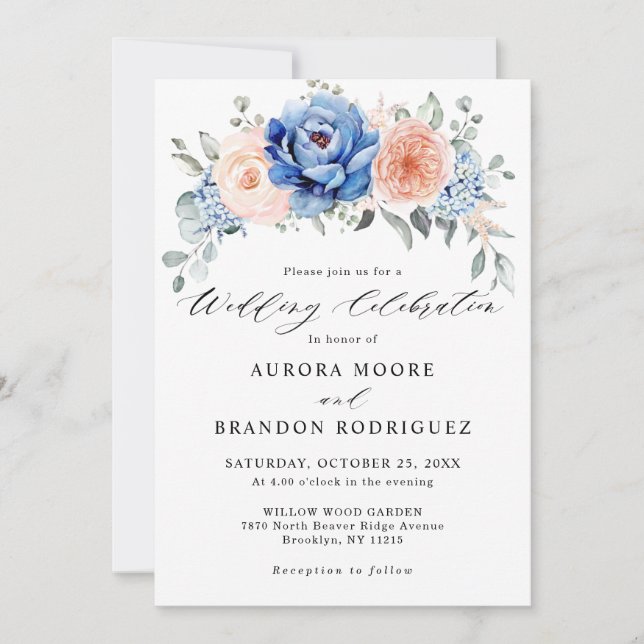 Navy Blue Slate Dusty Blush Pink Floral Wedding  Invitation (Front)