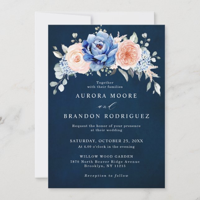 Navy Blue Slate Dusty Blush Pink Floral Wedding  Invitation (Front)