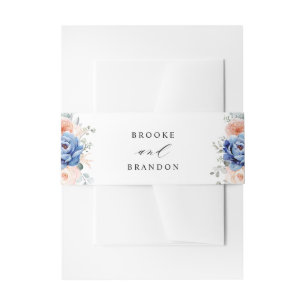 Navy Blue Slate Dusty Blush Pink Floral Wedding Invitation Belly Band