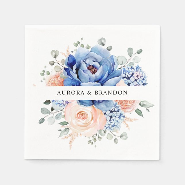 Navy Blue Slate Dusty Blush Pink Floral Wedding  Napkin (Front)