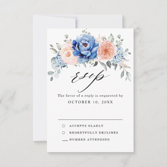 Navy Blue Slate Dusty Blush Pink Floral Wedding  RSVP Card (Front)