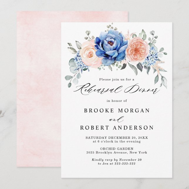 Navy Blue Slate Dusty Blush Rehearsal Dinner Invitation (Front/Back)