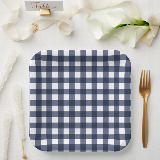 Navy Blue Small Classic Gingham Check Plaid Paper Plate (Wedding)