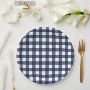 Navy Blue Small Classic Gingham Check Plaid Paper Plate