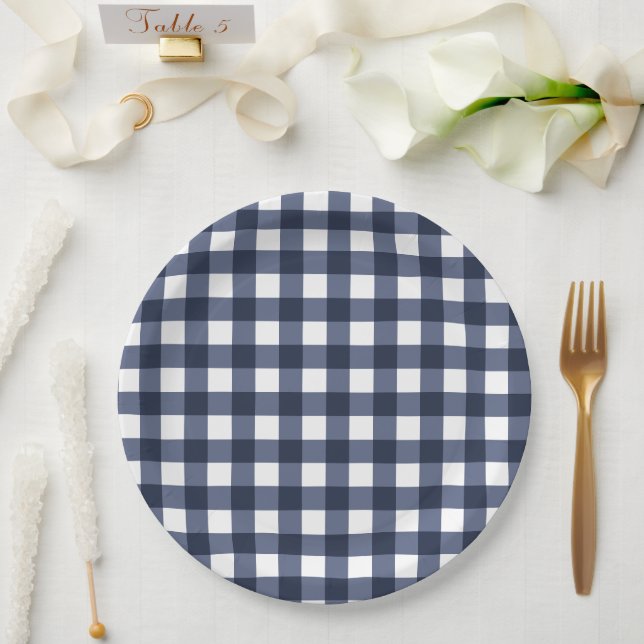 Navy Blue Small Classic Gingham Check Plaid Paper Plate (Wedding)