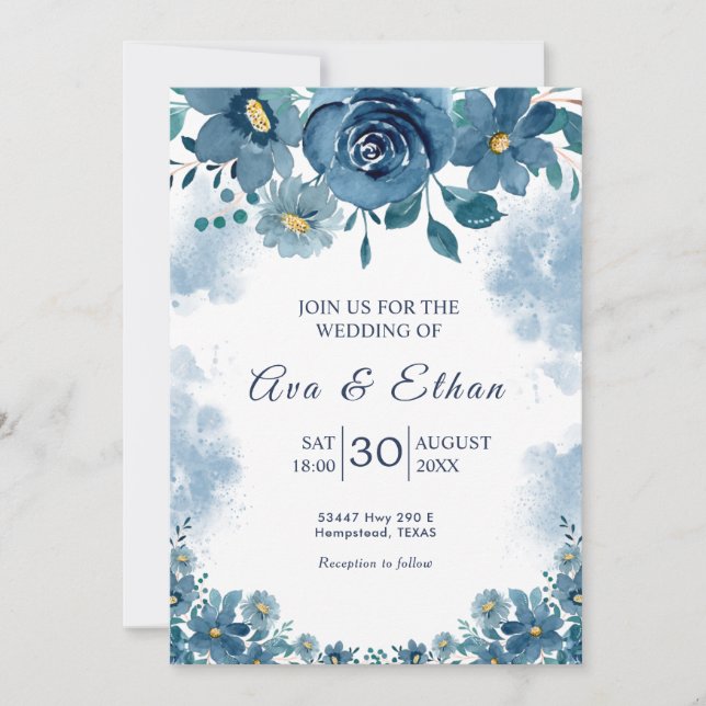Navy Blue Smoke Floral Wedding Invitation (Front)
