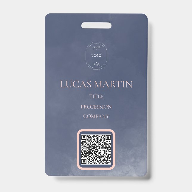 Navy Blue Smokey QR code Employee Name Badge (Front)