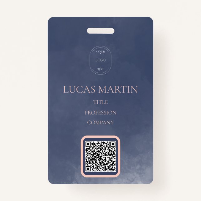Navy Blue Smokey QR code Employee Name Badge (Front)