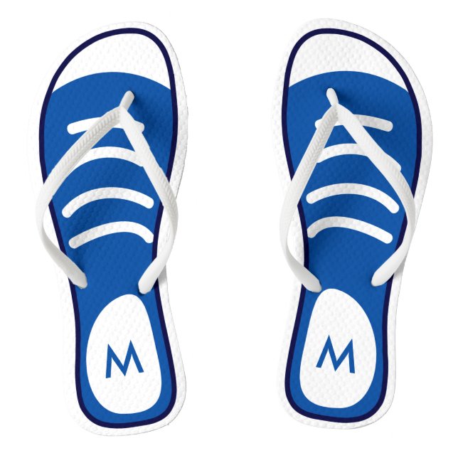 Navy Blue Sneaker Shoes Cool Funny Look Monogram Flip Flops (Footbed)