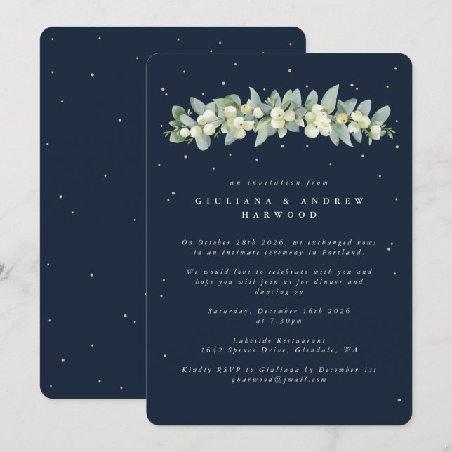 Navy Blue Snowberry+Eucalyptus Wedding Reception Invitation (Front/Back)