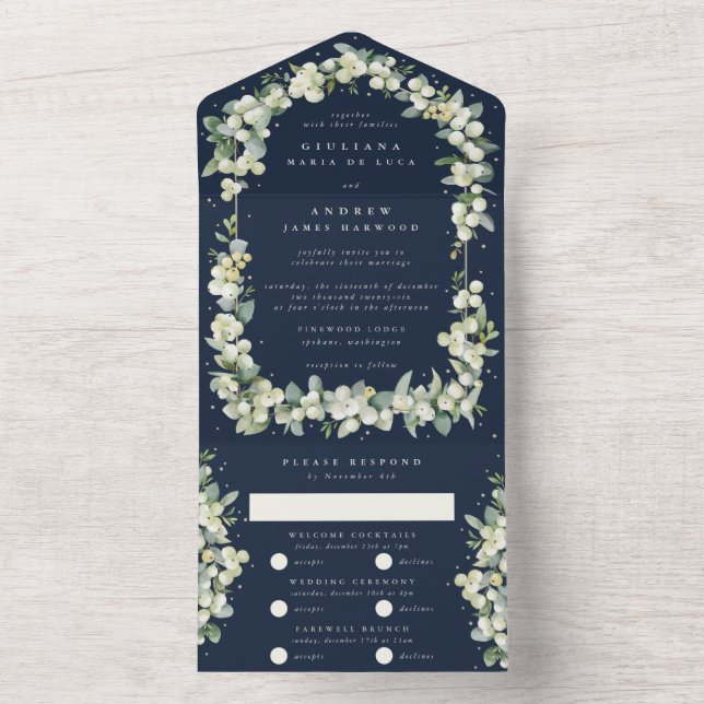 Navy Blue Snowberry+Eucalyptus Winter Wedding All In One Invitation (Inside)