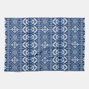 Navy Blue Snowflake & Floral Fair Isle Christmas Kitchen Towel