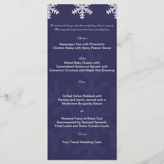 Navy Blue Snowflake Winter Wedding Menu (Front)