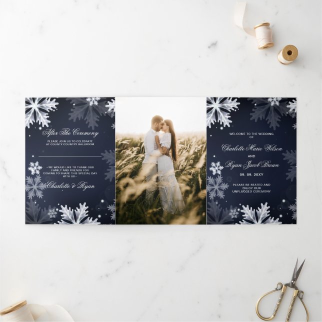Navy Blue Snowflake Winter Wedding    Tri-Fold Programme (Outside)
