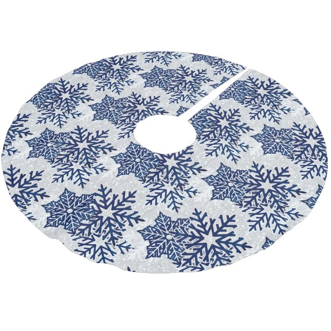 Navy Blue Snowflakes Brushed Polyester Tree Skirt (Angled)
