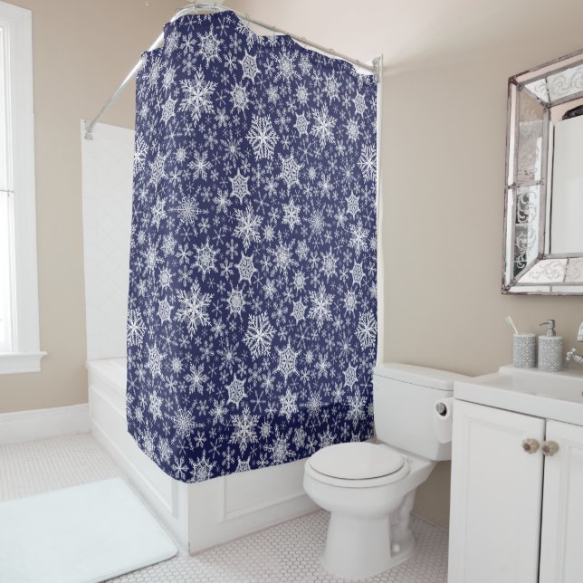 Navy Blue Snowflakes Pattern Christmas Bath Decor (In Situ)