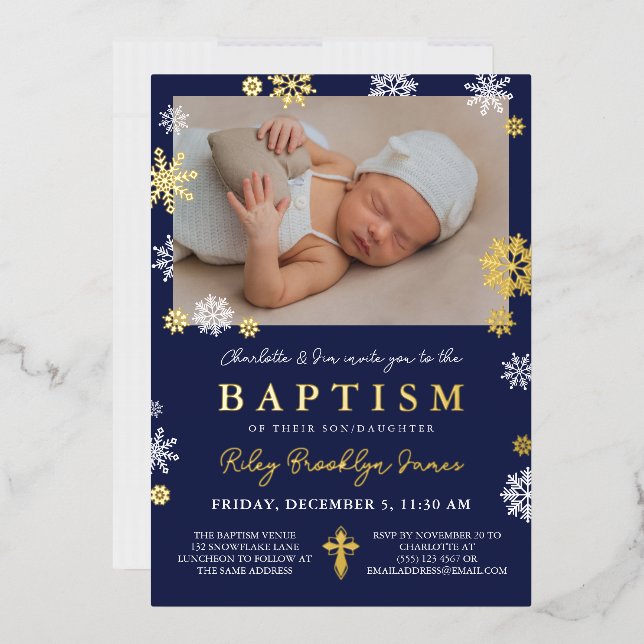 Navy Blue Snowflakes Photo Winter Baptism Gold (Envelope)
