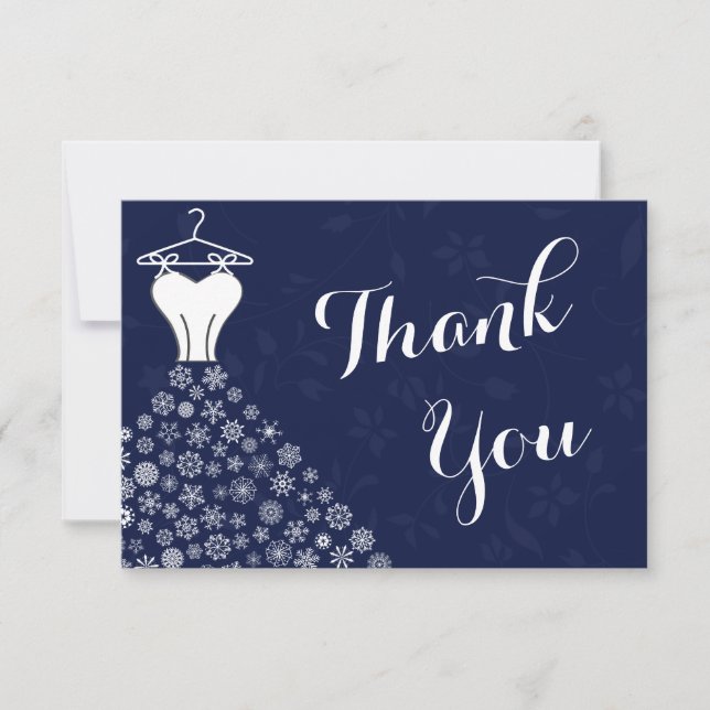 Navy Blue Snowflakes Wedding Dress Thank You Card (Front)