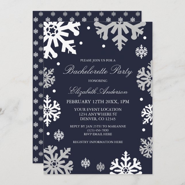 Navy Blue Snowflakes Winter Bachelorette Party Invitation (Front/Back)